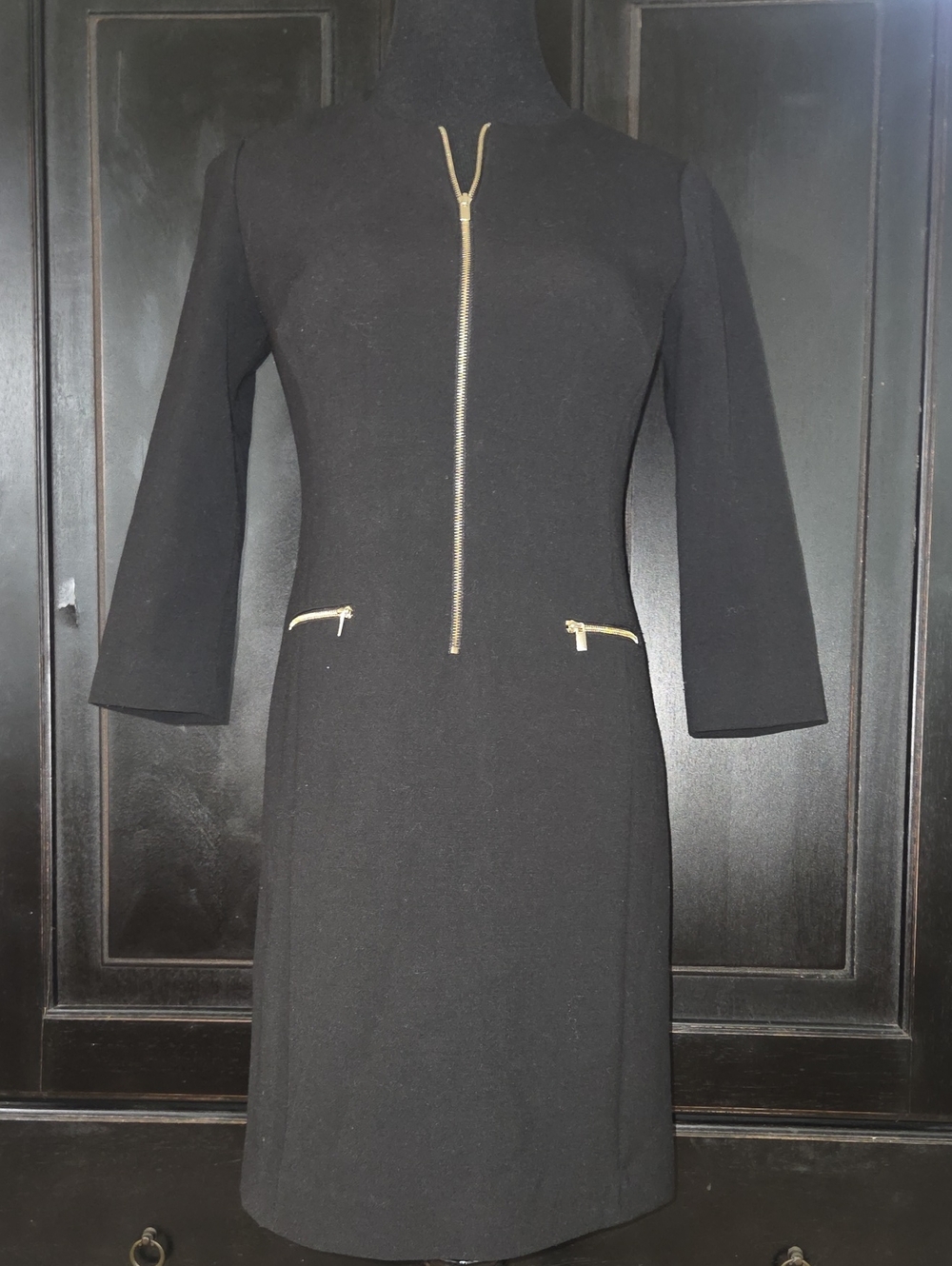 Ann Taylor Black Midi Dress with Gold Zipper Details